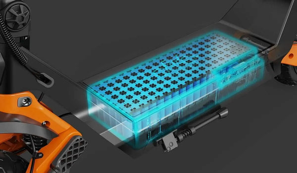 La imagen muestra la estructura interna de la batería del scooter eléctrico Fiido.