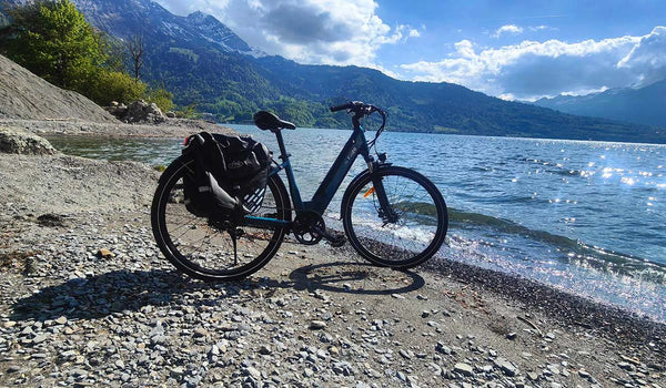 Bicicleta eléctrica Fiido C11 estacionada junto al lago