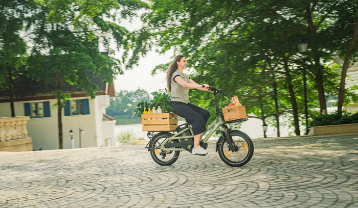 Una mujer en la e-bike Fiido T3 en la carretera