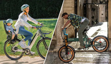 Una mujer conduce una bicicleta eléctrica Fiido C11 con un niño como pasajero.