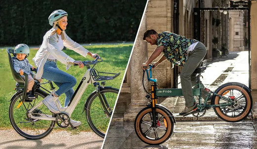 Una mujer conduce una bicicleta eléctrica Fiido C11 con un niño como pasajero.