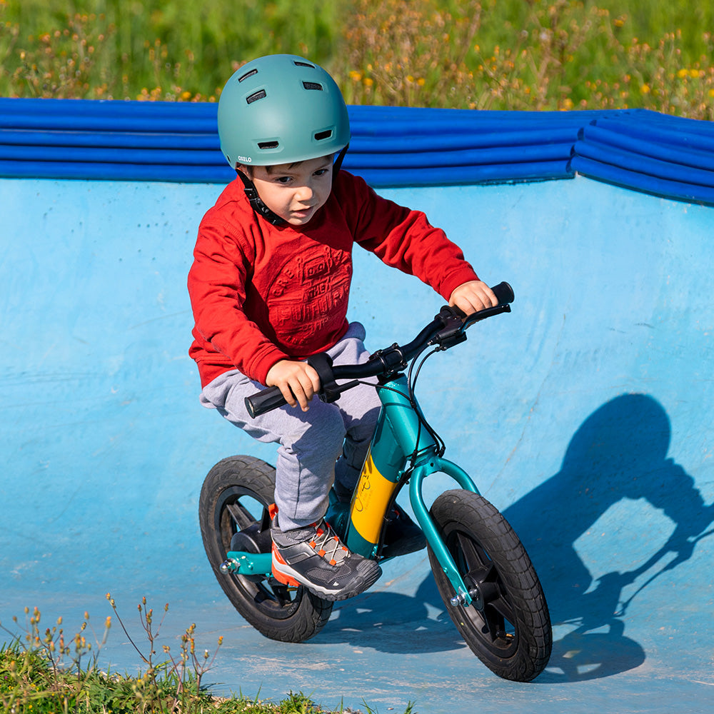 Niños con cascos montan la bicicleta eléctrica de equilibrio Fiido Kidz