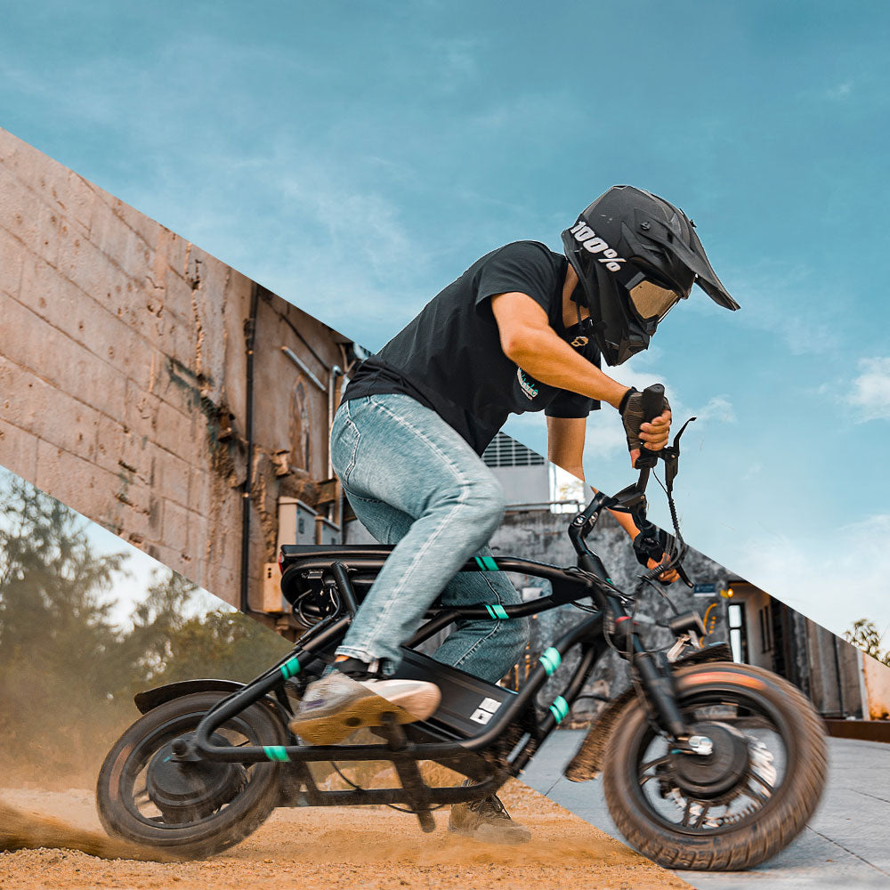 Hombre monta el patinete eléctrico plegable de doble tracción Fiido Q2 para derrapar